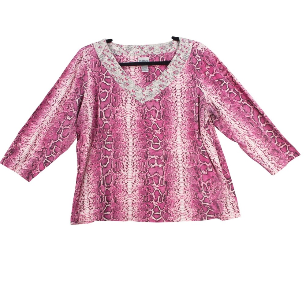 Chicos Pink Snakeskin V-Neck Top 3/4‎ Sleeve Animal Print Size 2 Large
